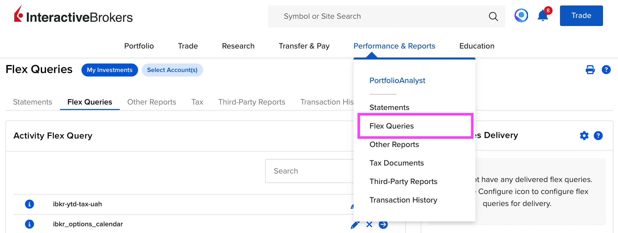 Flex Queries section in Performance & Reports