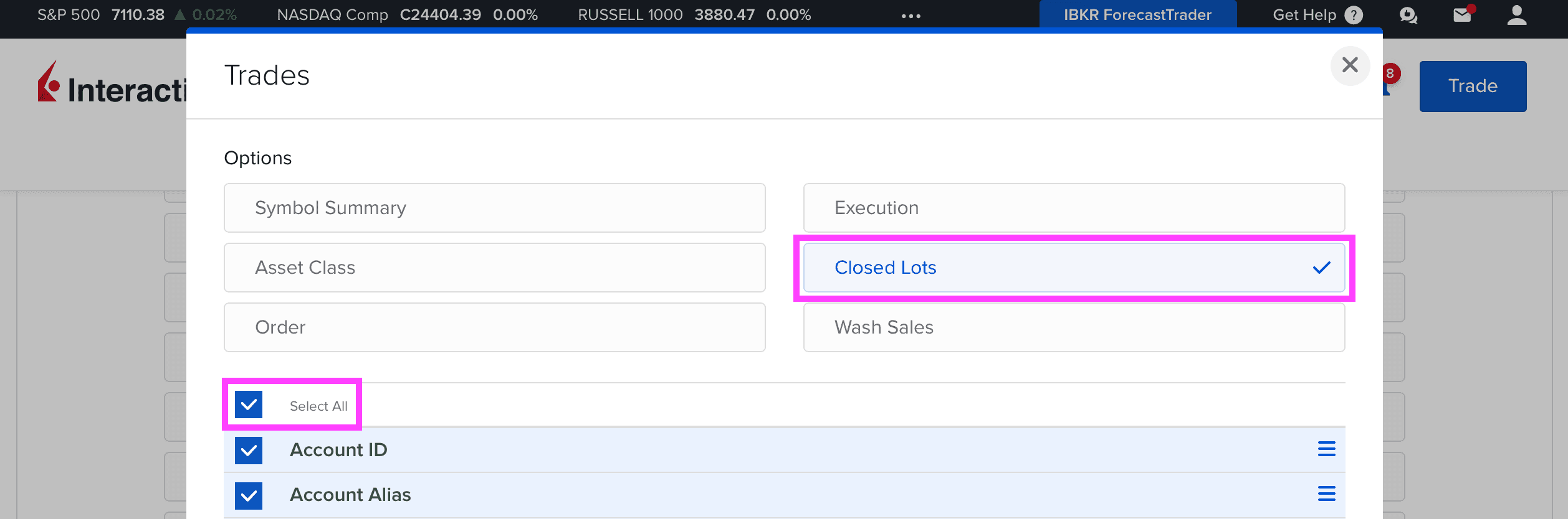 Closed Lots option with Select all