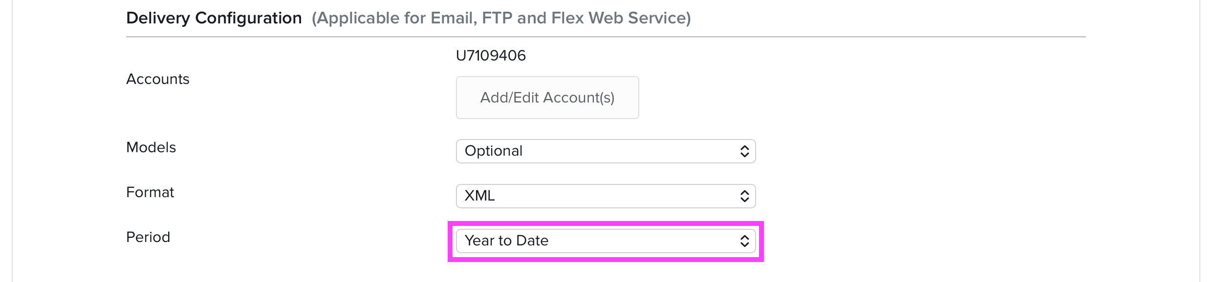 Delivery Configuration with Period set to Year to Date
