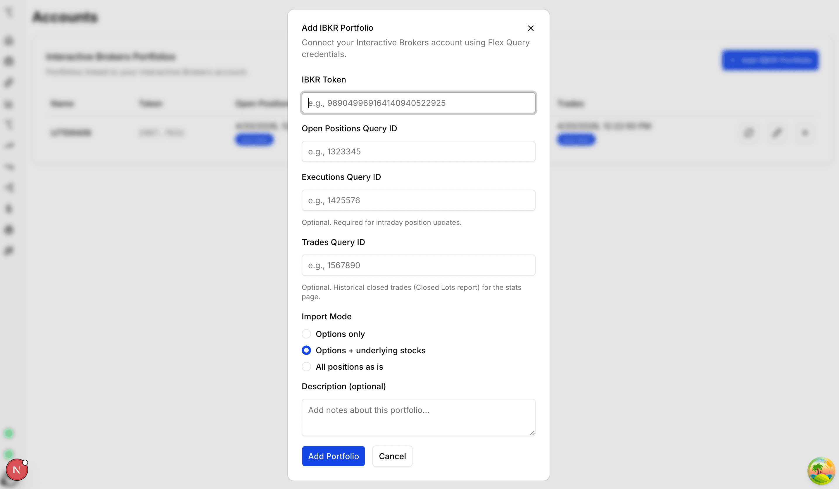 Add IBKR Portfolio dialog