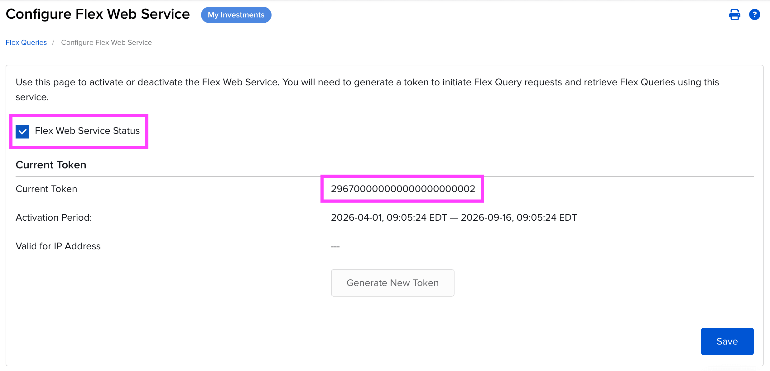 Generated Flex Web Service token