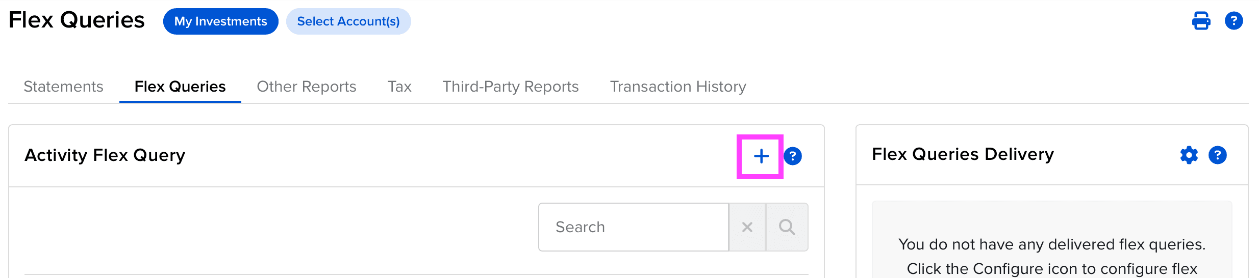 Plus icon to create new Activity Flex Query