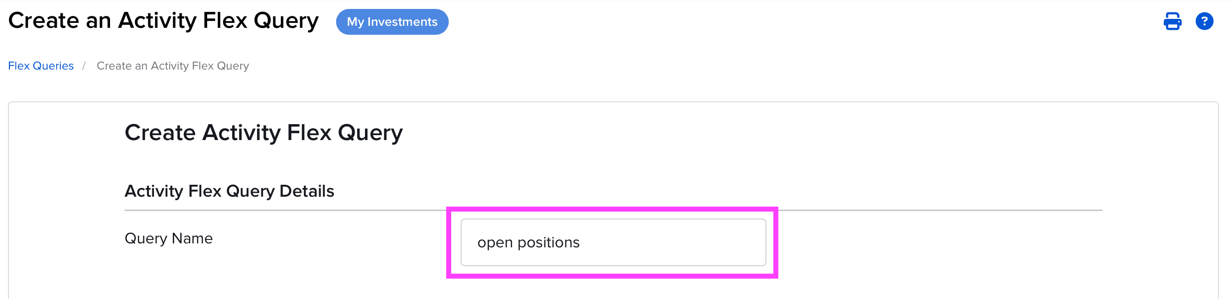 Name field for new query