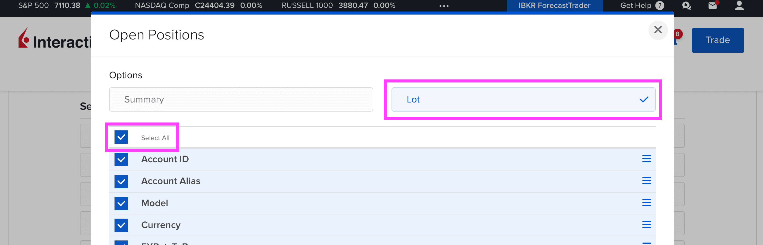Open Positions field selector with Lot option and Select all